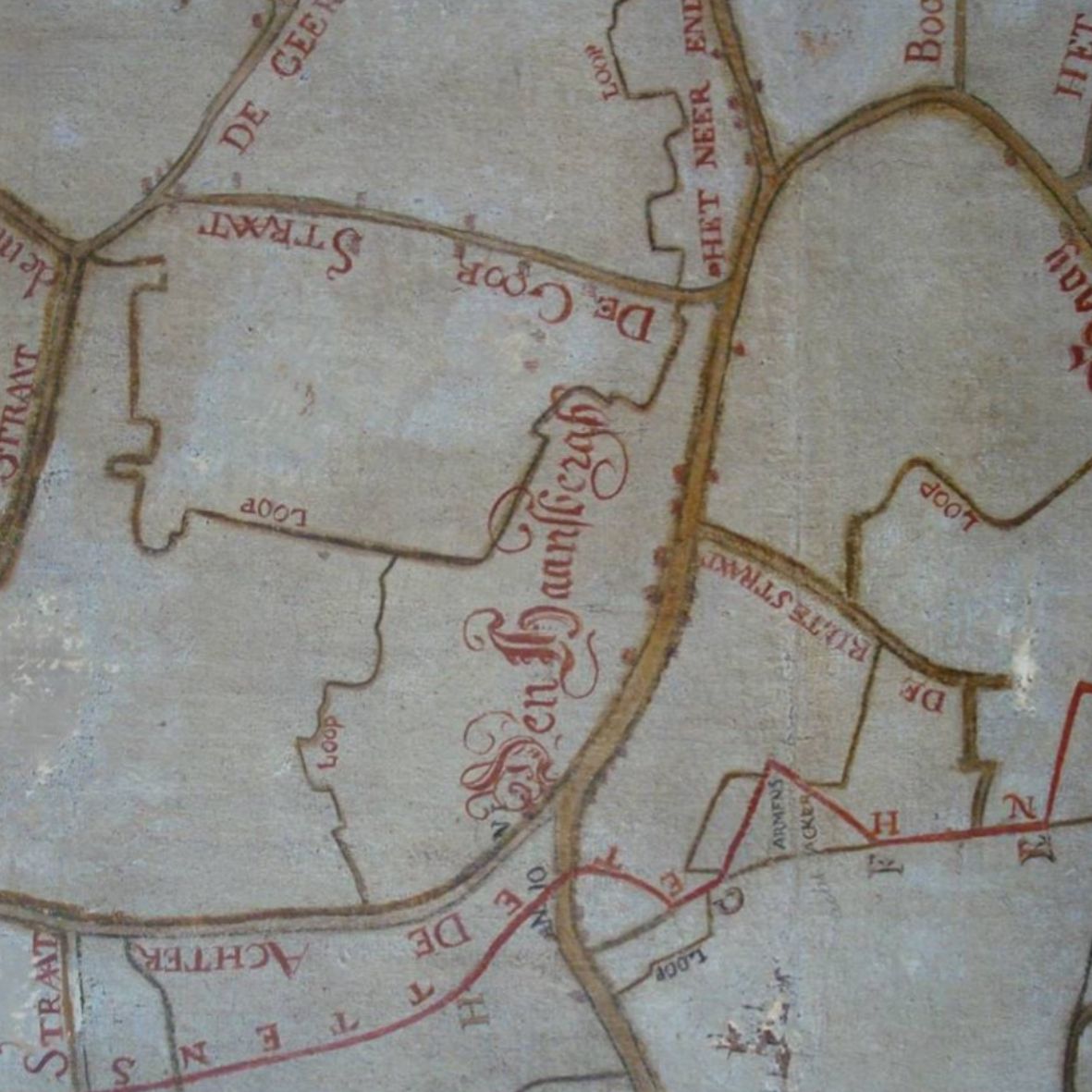 Detail van de kaart door Steven Vereijck uit 1677. Deze kaart hangt in het Vergadercentrum van het oude raadhuis aan de Markt te Etten-Leur